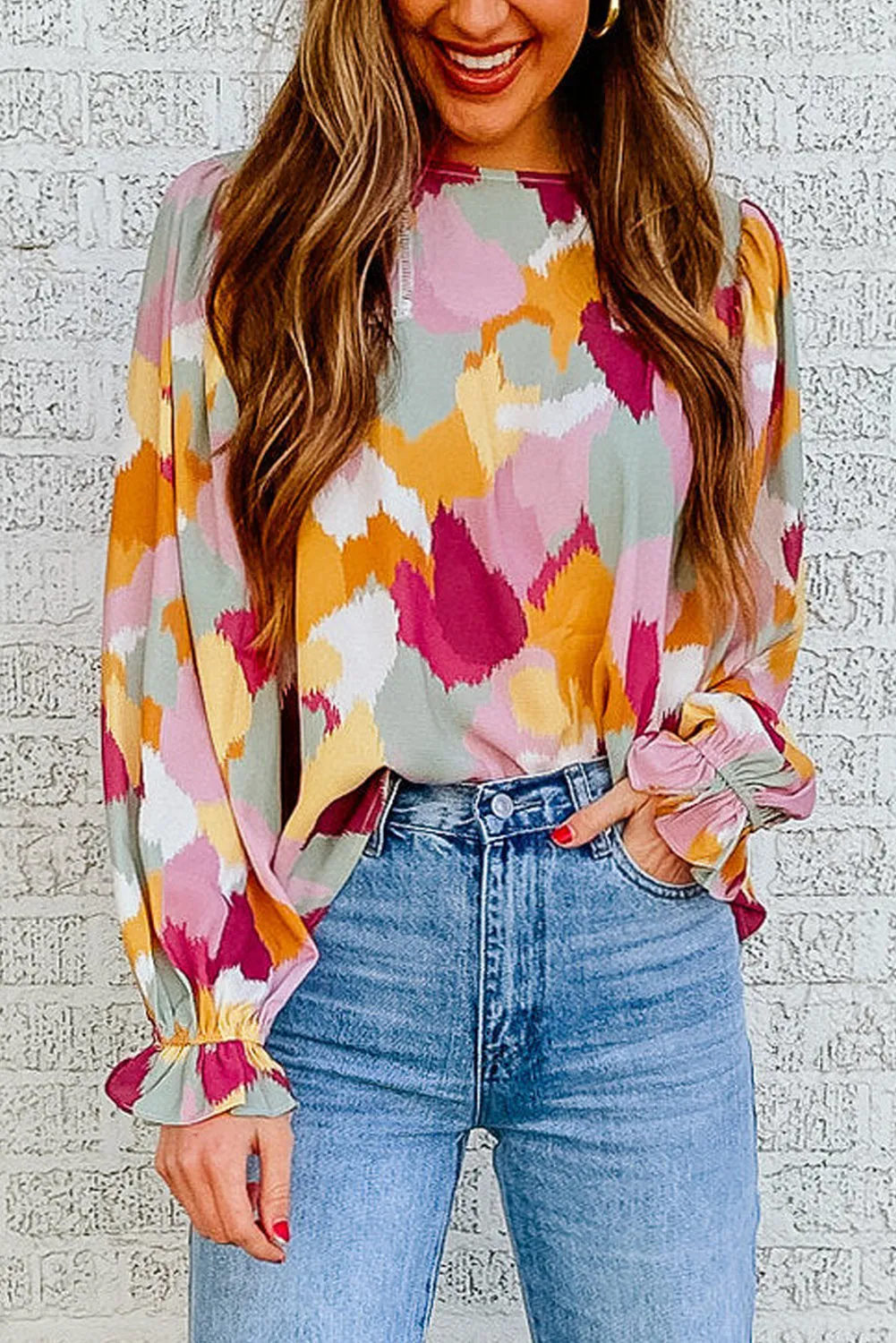 Abstract Print Puffy Sleeve Loose Blouse for Women