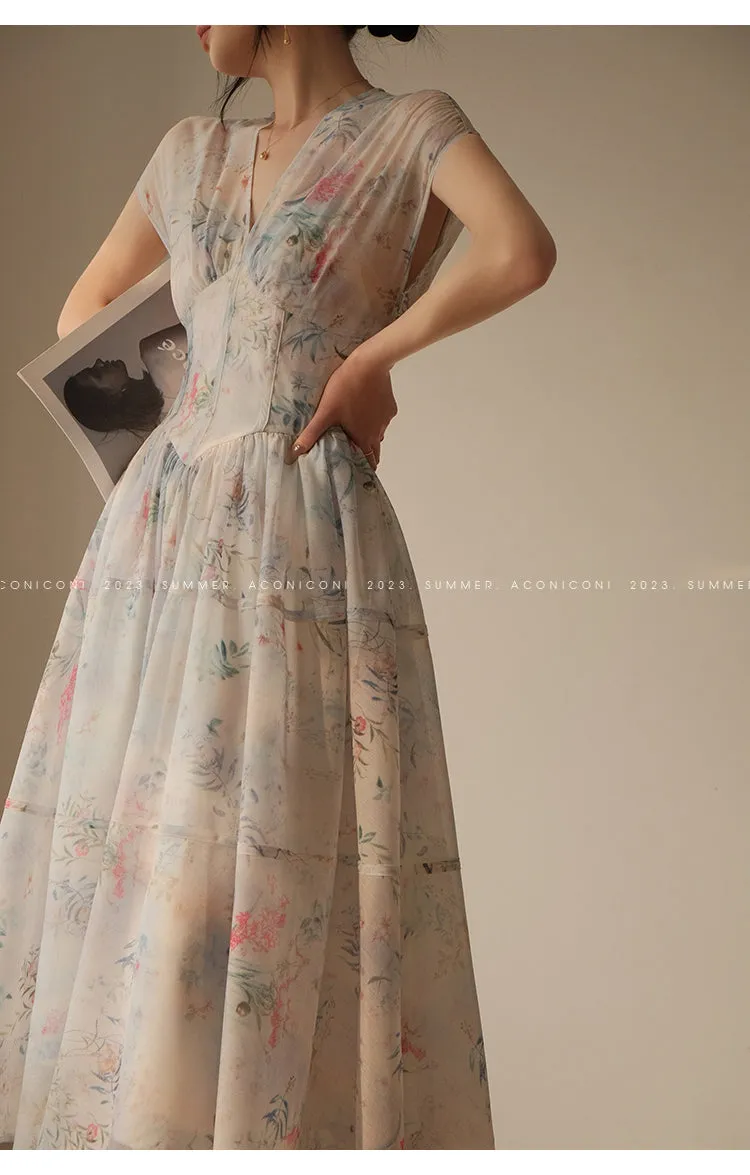 Aconiconi｜high-end V-neck exquisite printed tea summer dress- Yufu fairy