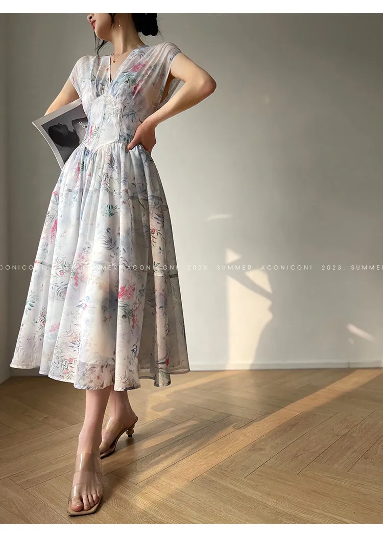 Aconiconi｜high-end V-neck exquisite printed tea summer dress- Yufu fairy