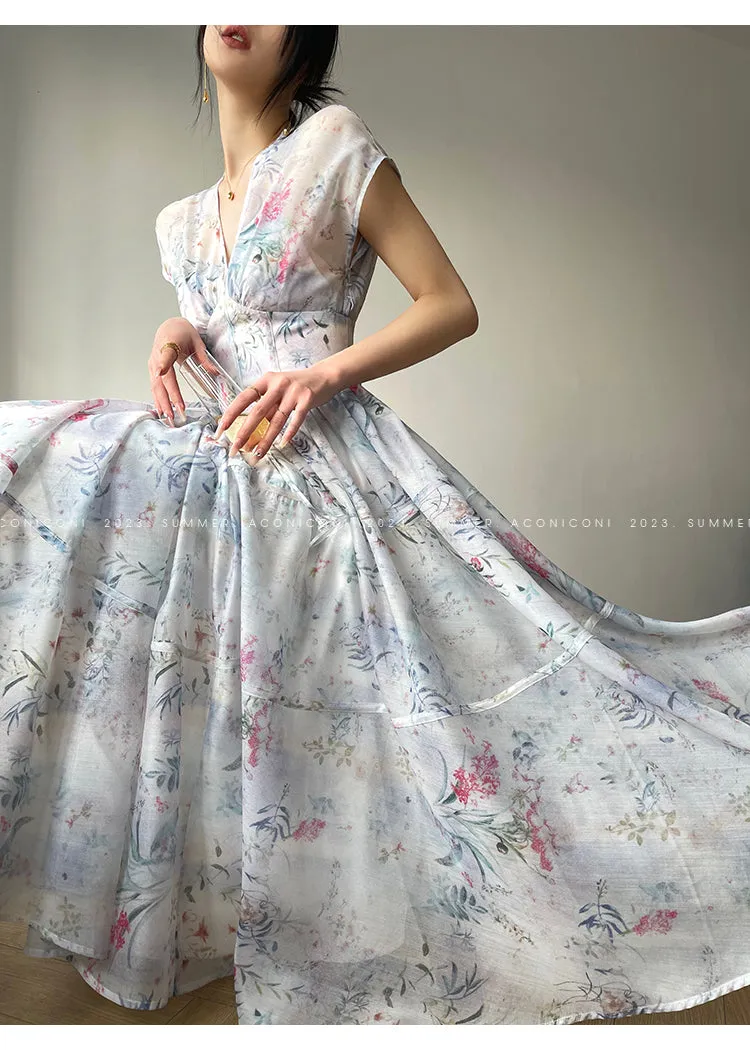 Aconiconi｜high-end V-neck exquisite printed tea summer dress- Yufu fairy