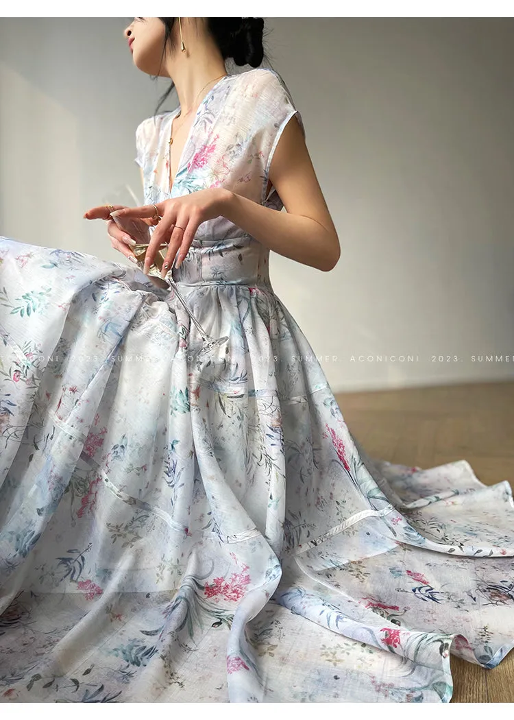 Aconiconi｜high-end V-neck exquisite printed tea summer dress- Yufu fairy