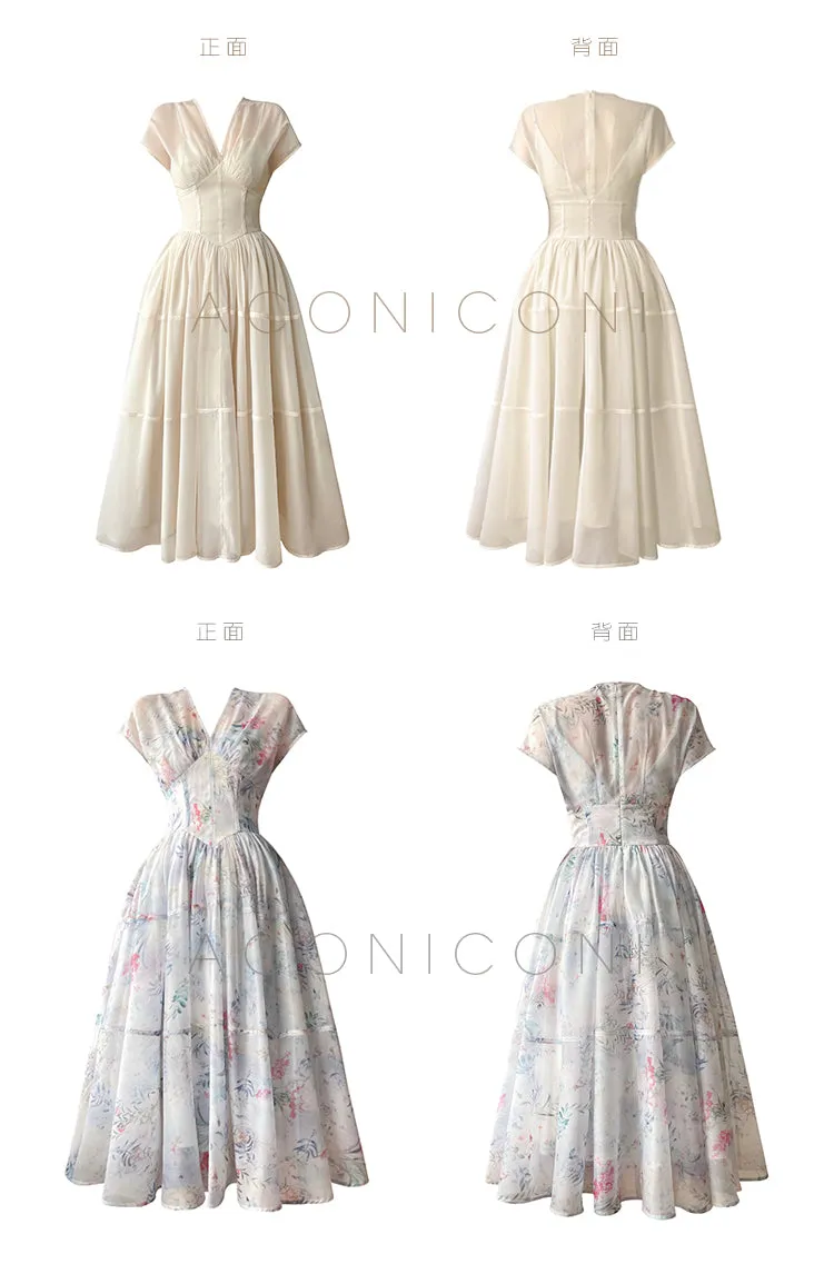 Aconiconi｜high-end V-neck exquisite printed tea summer dress- Yufu fairy