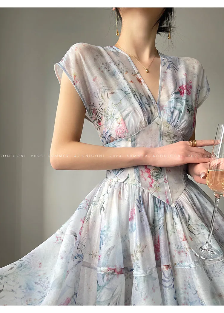 Aconiconi｜high-end V-neck exquisite printed tea summer dress- Yufu fairy