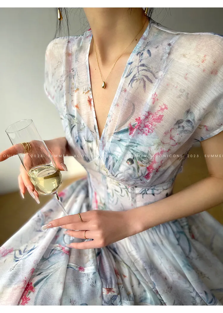 Aconiconi｜high-end V-neck exquisite printed tea summer dress- Yufu fairy