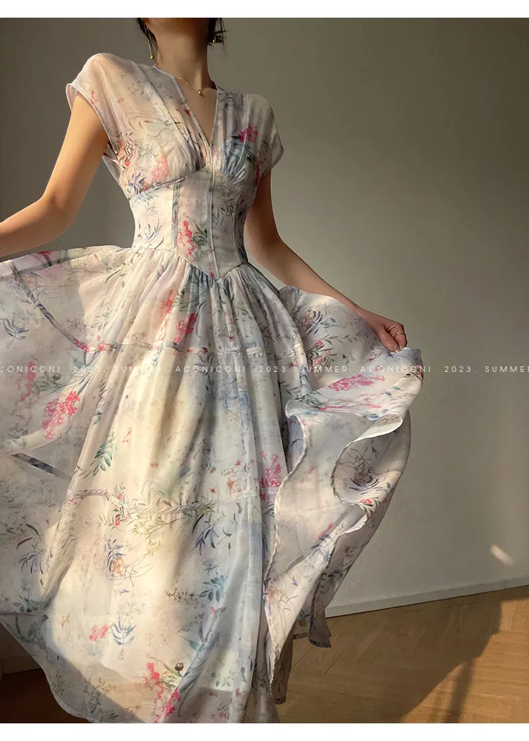 Aconiconi｜high-end V-neck exquisite printed tea summer dress- Yufu fairy