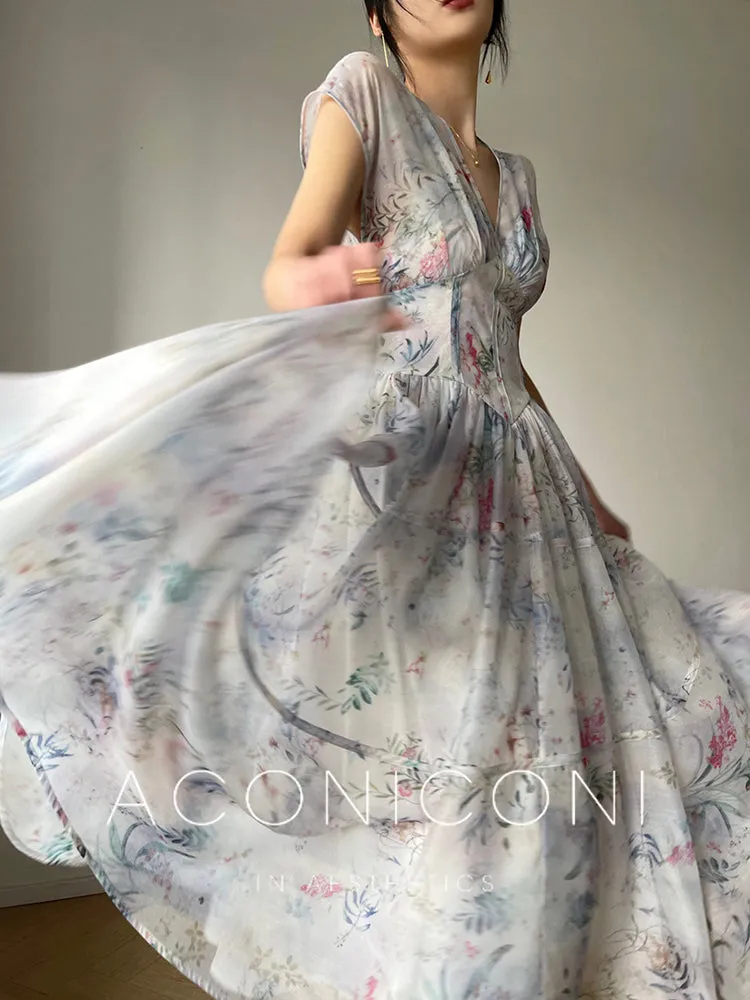 Aconiconi｜high-end V-neck exquisite printed tea summer dress- Yufu fairy