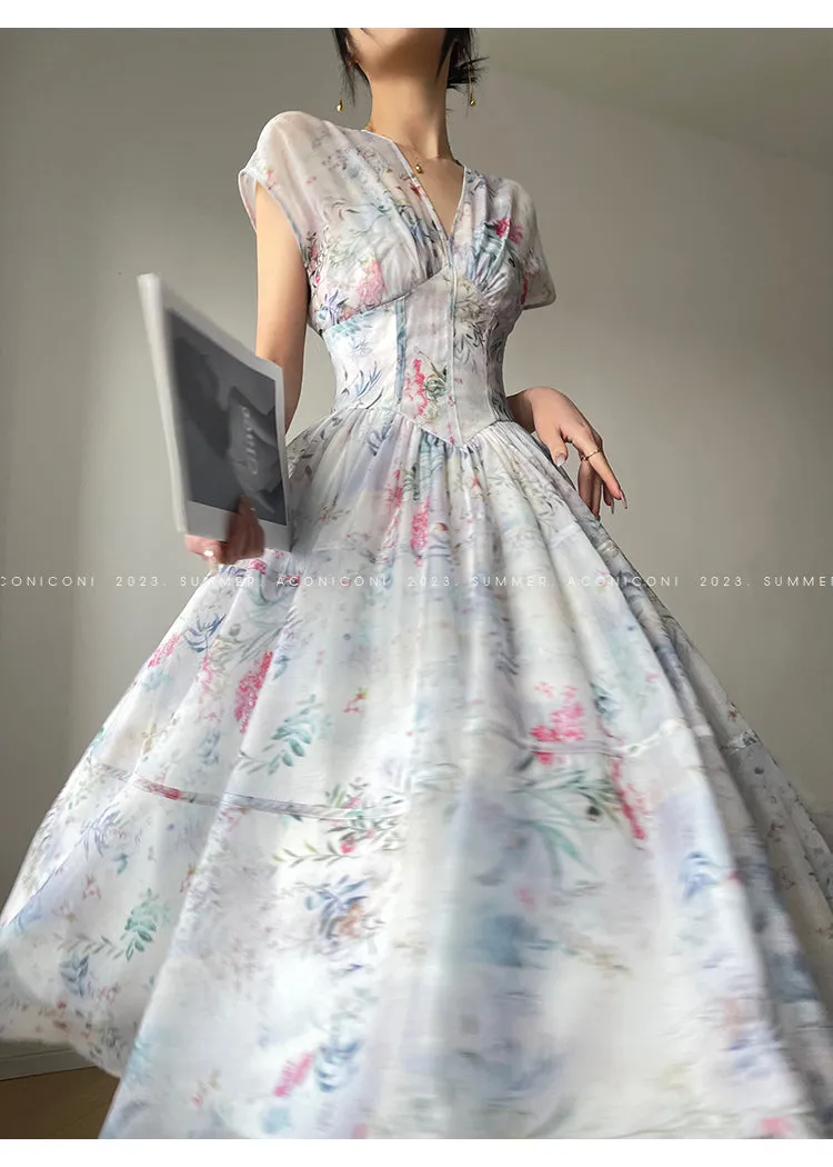 Aconiconi｜high-end V-neck exquisite printed tea summer dress- Yufu fairy