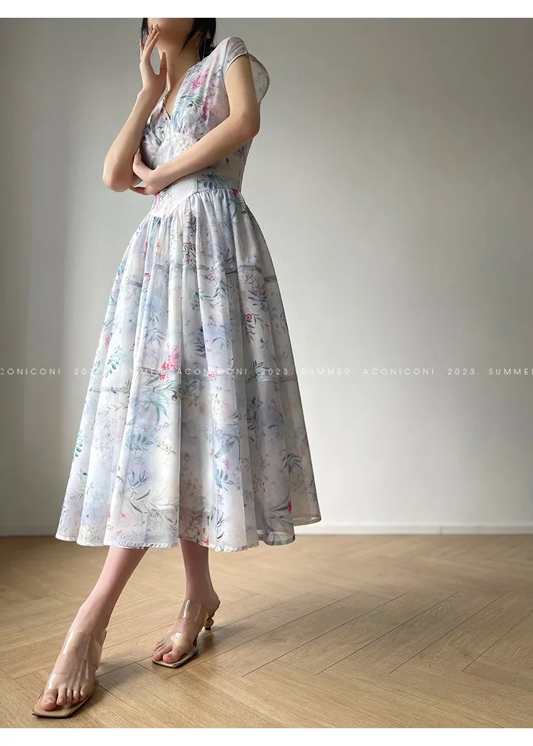 Aconiconi｜high-end V-neck exquisite printed tea summer dress- Yufu fairy