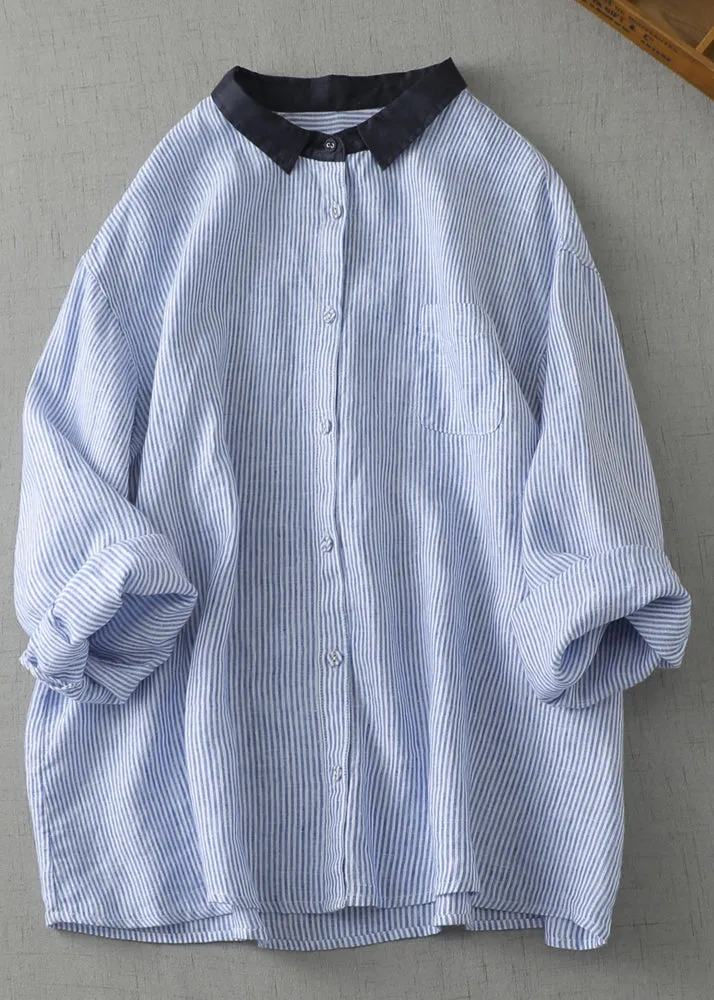 Art Black Oversized Striped Linen Blouses Summer LY4942