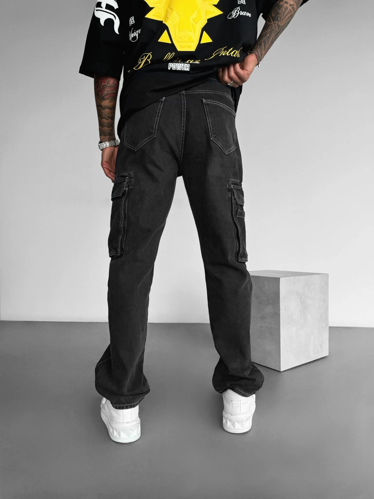 Baggy Cargo Jeans with Pockets - Black