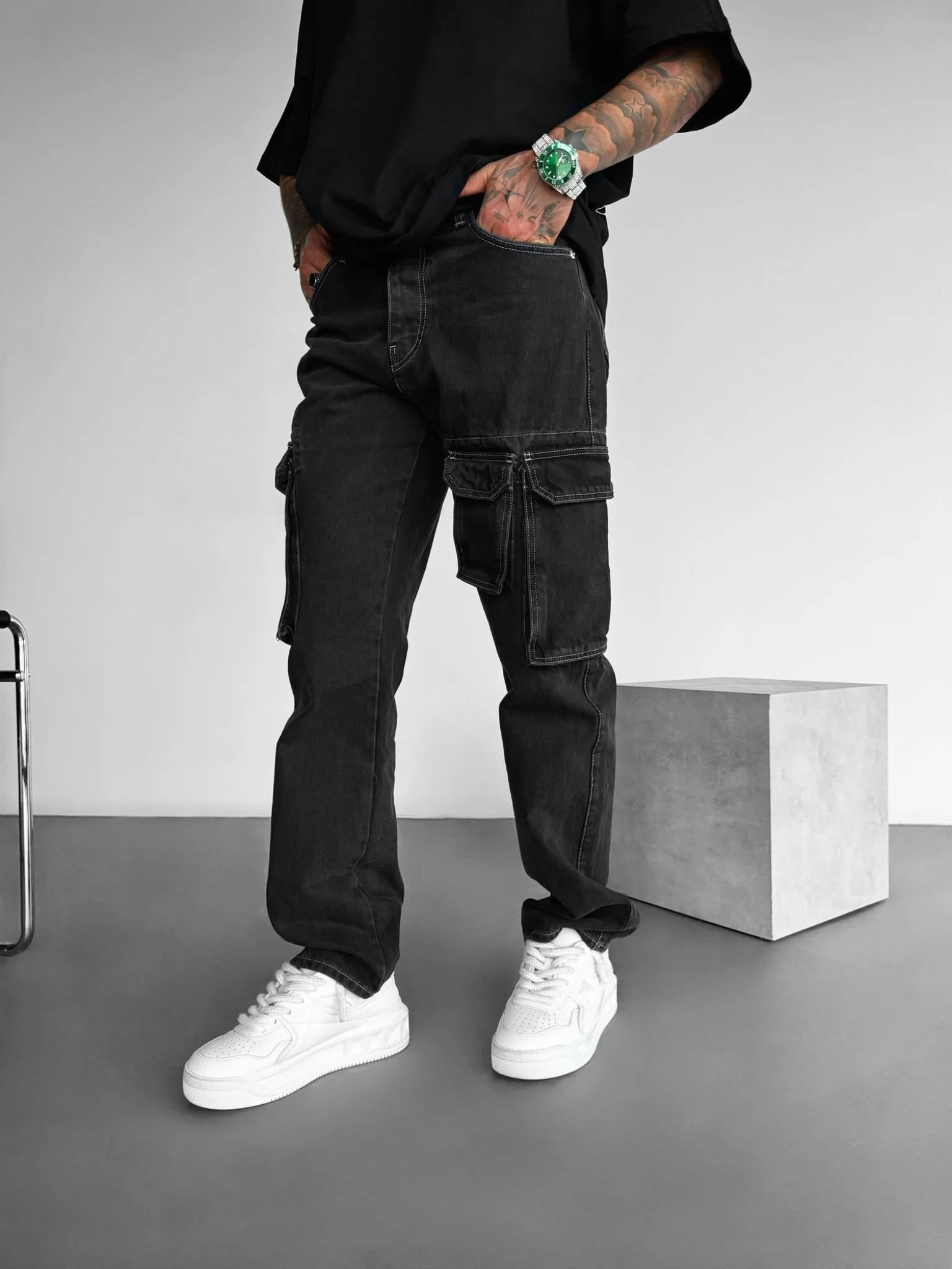 Baggy Cargo Jeans with Pockets - Black