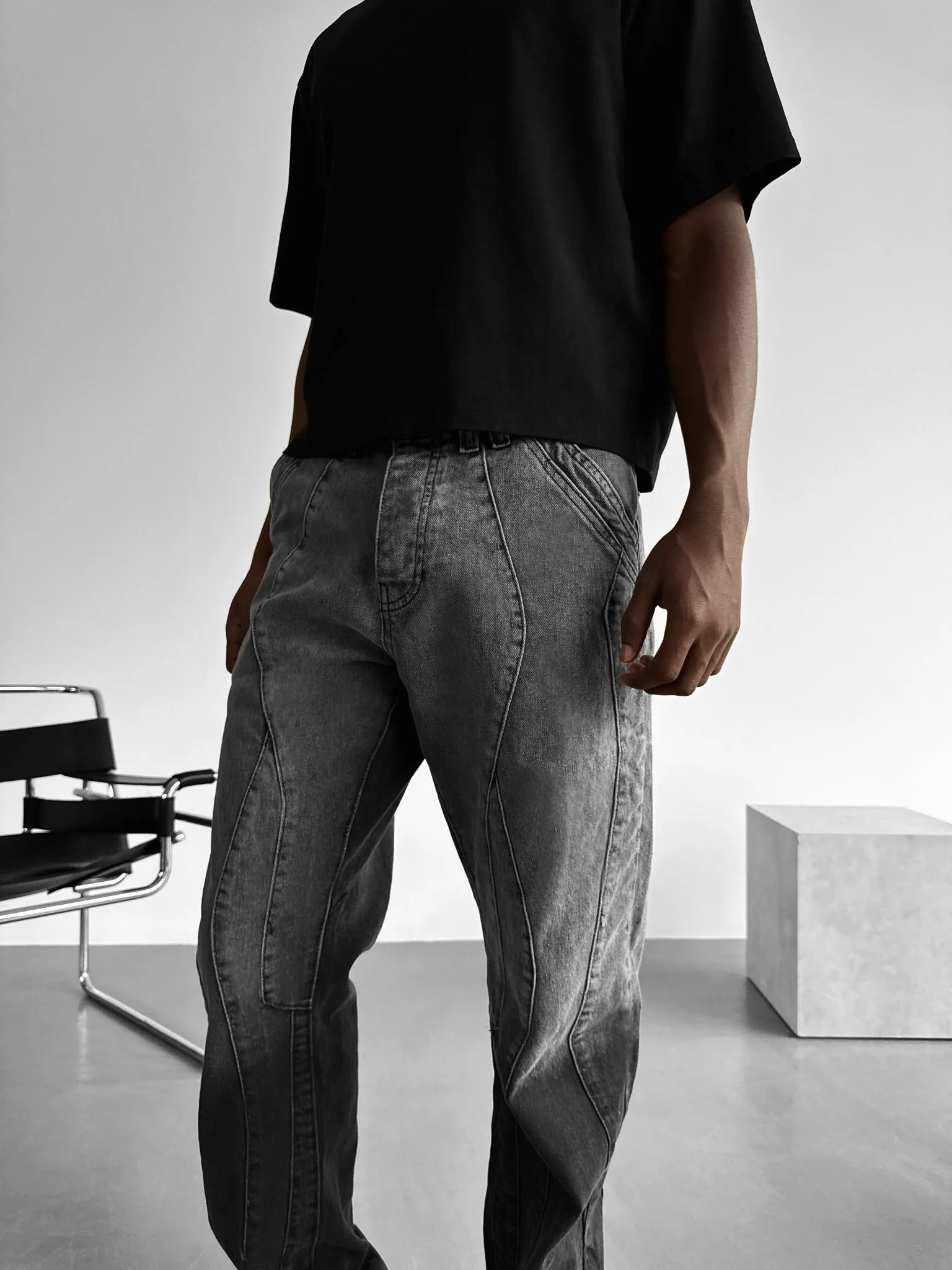 Baggy Half Washed Seam Jeans - Ash Black