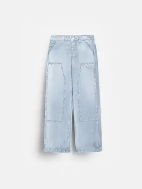 Baggy Patches Rivets Jeans - Light Blue