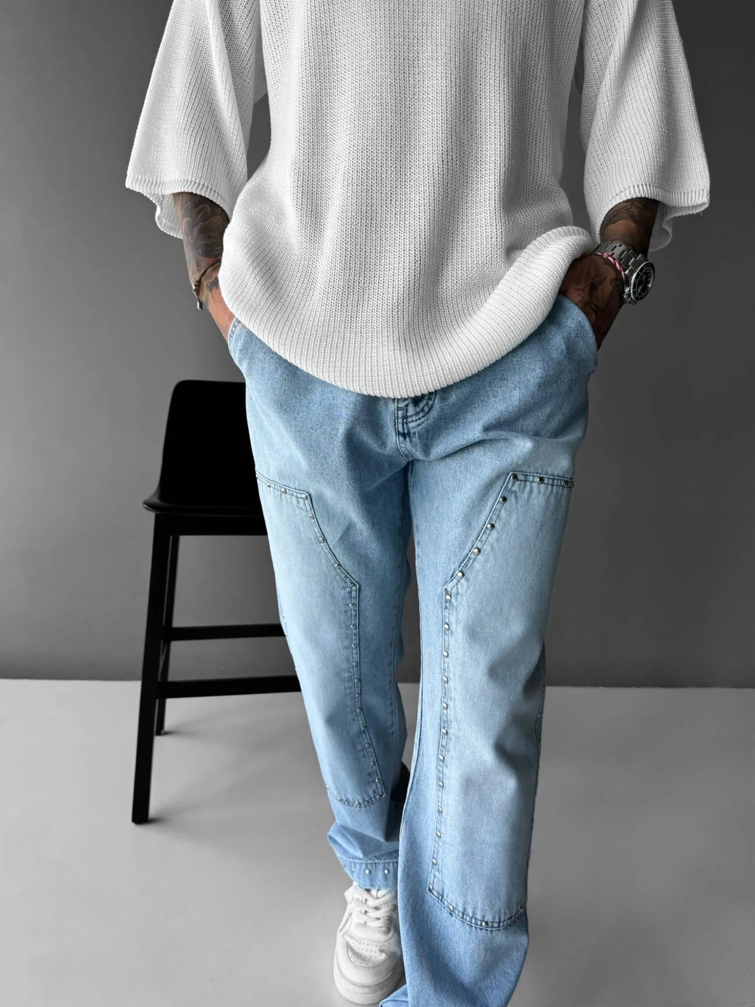 Baggy Patches Rivets Jeans - Light Blue