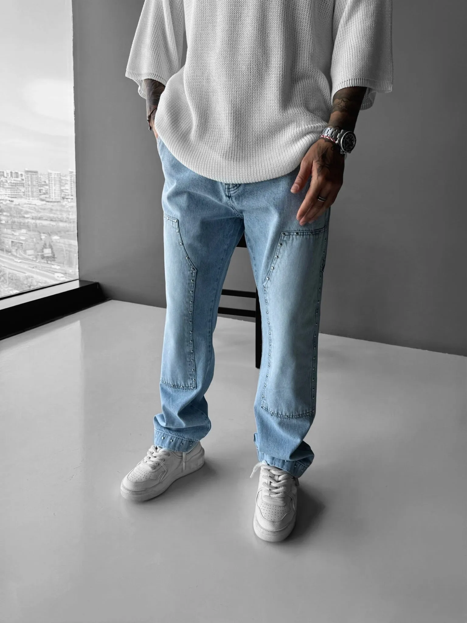 Baggy Patches Rivets Jeans - Light Blue