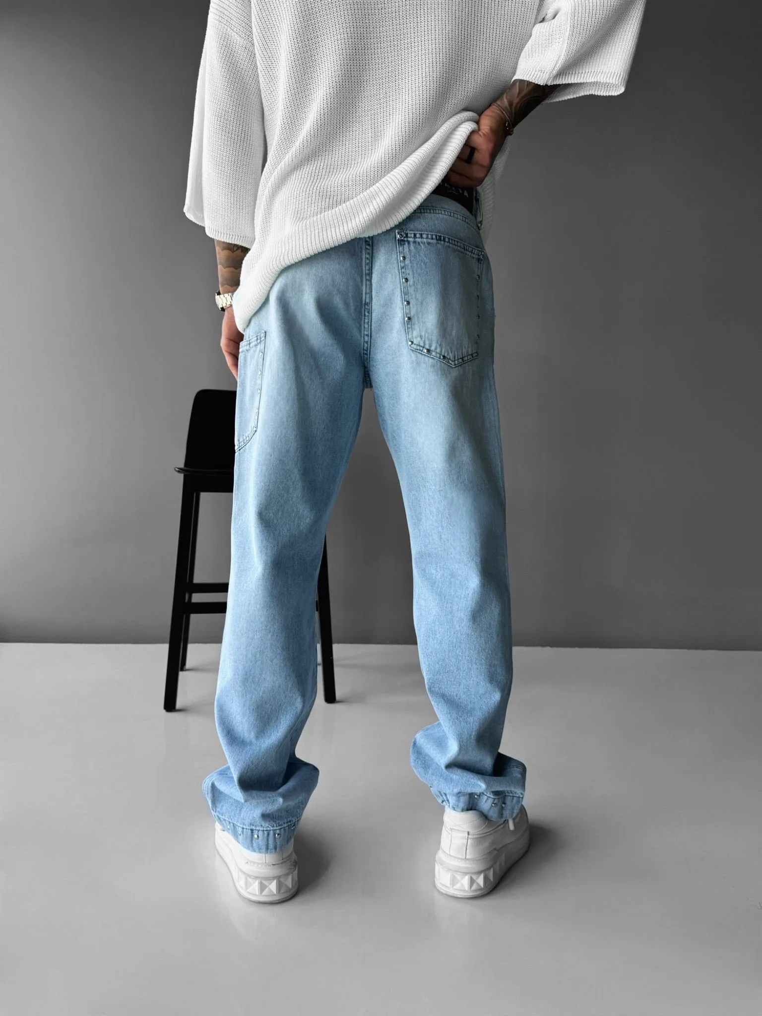 Baggy Patches Rivets Jeans - Light Blue