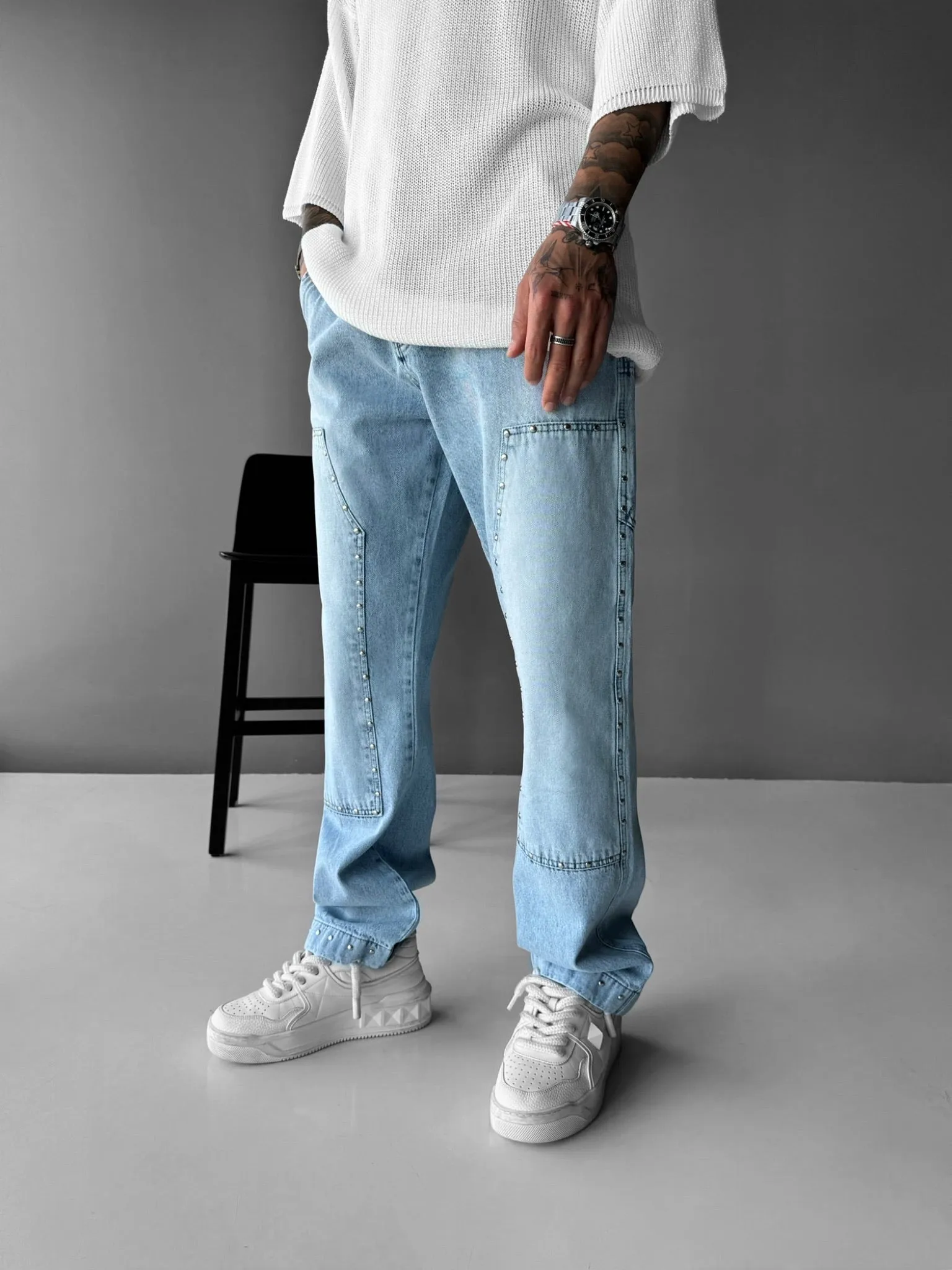 Baggy Patches Rivets Jeans - Light Blue