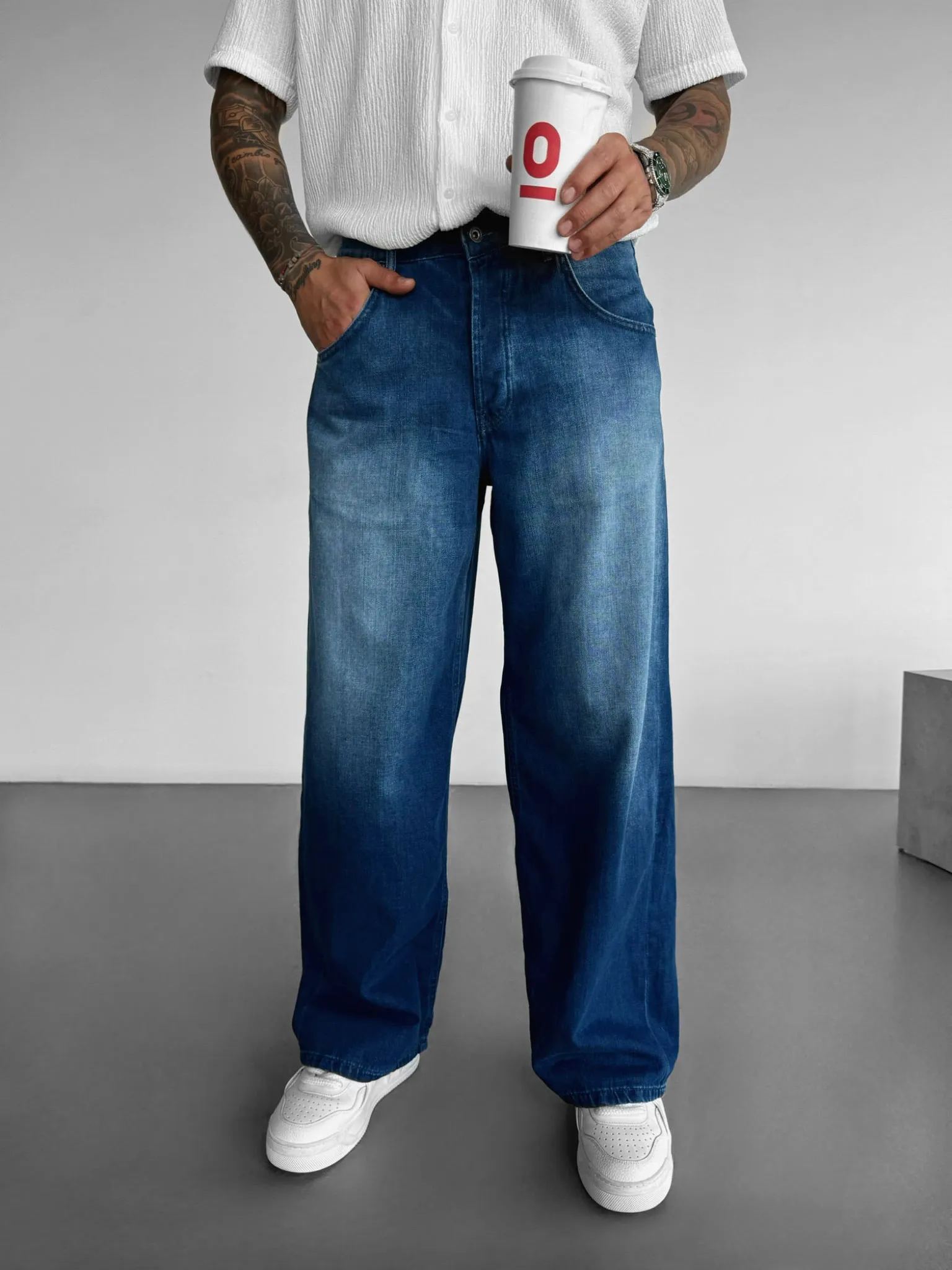 Baggy Washed Jeans - Dark Blue