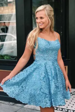 Beautiful Lace Blue A-line Spaghetti Straps Cross Back Homecoming Dresses, SH512