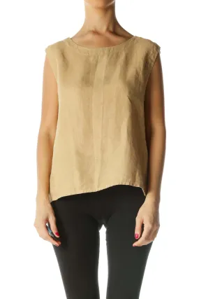 Beige 100% Linen Boat Neck Top