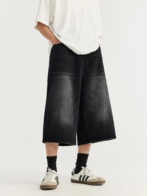 Black 3/4 Wide Leg Denim Shorts