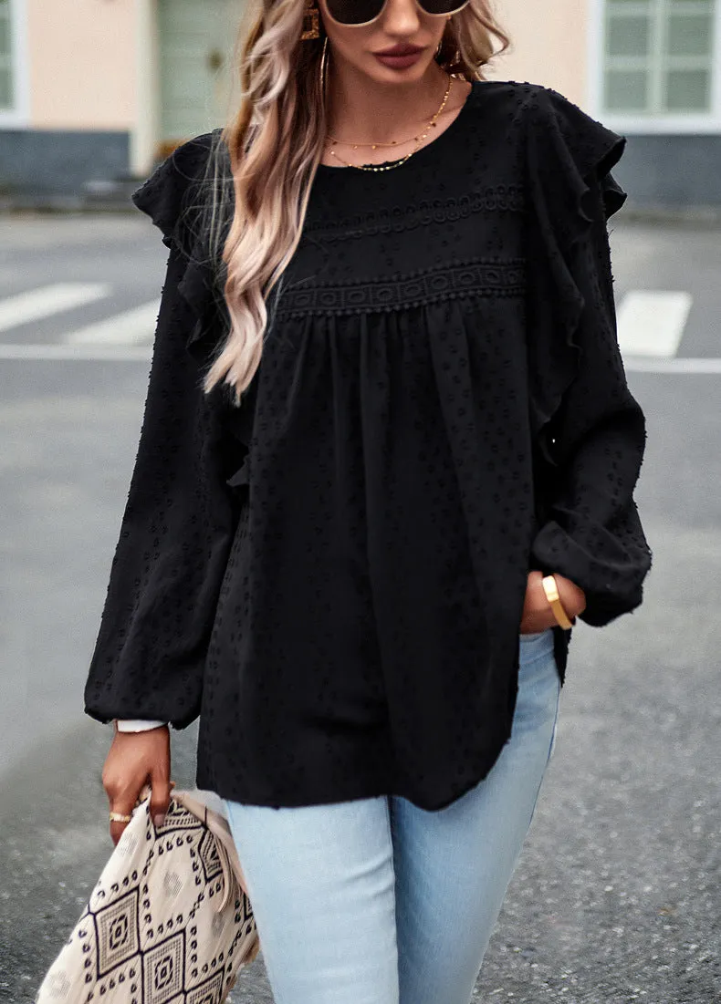 Black Long Sleeve Blouses Ruffle Dot Loose Fit Casual Tops