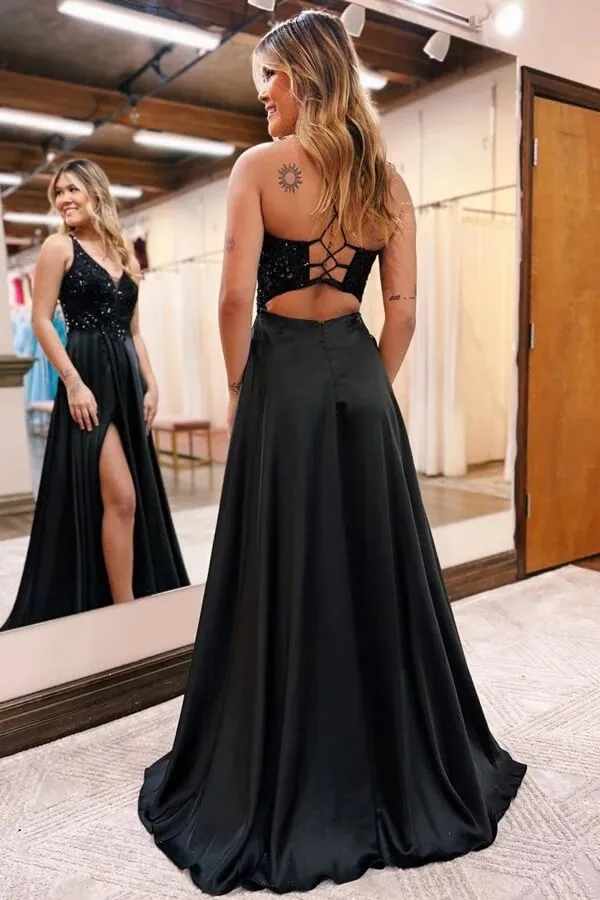 Black Satin A-line V-neck Prom Dresses With Lace, Split Evening Gowns, SP958