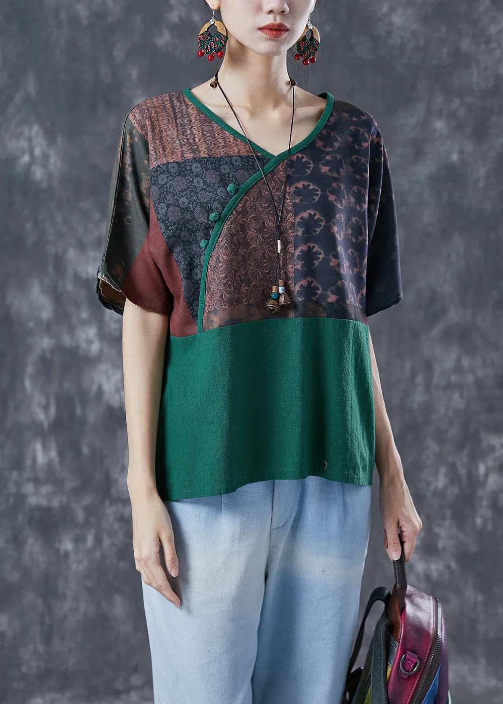 Blackish Green Patchwork Linen Blouses Oversized Print Summer LY4119