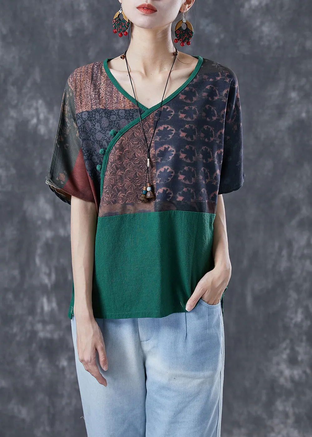 Blackish Green Patchwork Linen Blouses Oversized Print Summer LY4119