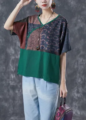 Blackish Green Patchwork Linen Blouses Oversized Print Summer LY4119