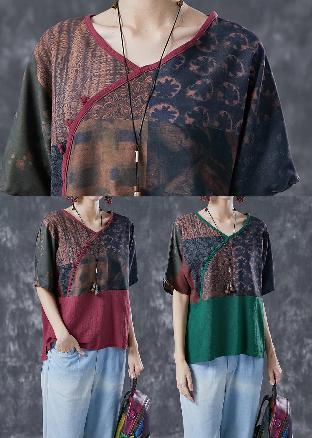 Blackish Green Patchwork Linen Blouses Oversized Print Summer LY4119