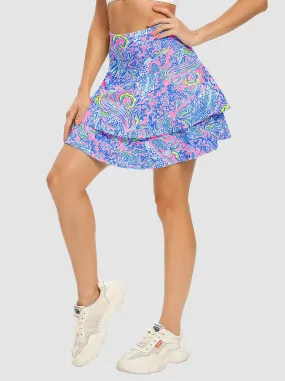 Blue Botanical Double-Layer Active Skorts with Shorts