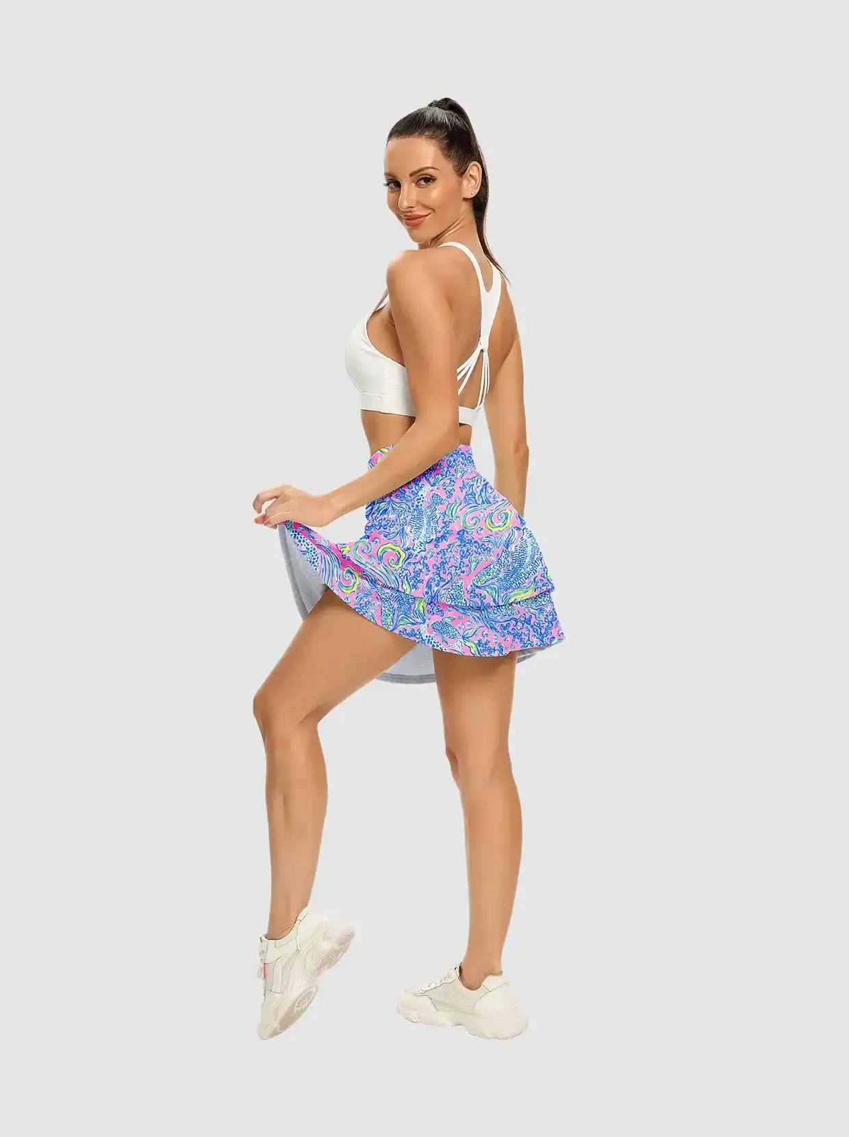 Blue Botanical Double-Layer Active Skorts with Shorts