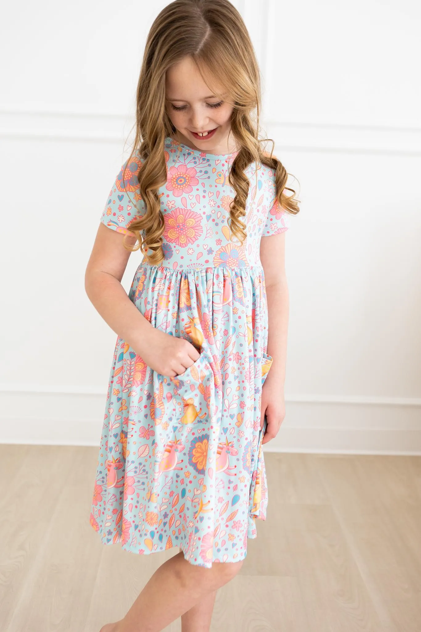 Blue Retro Unicorns S/S Pocket Twirl Dress