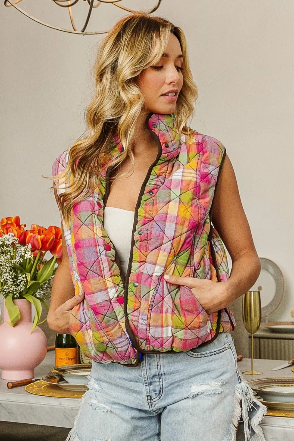 Blue Zone Planet |  BiBi Quilted Washed Plaid Snap Down Vest