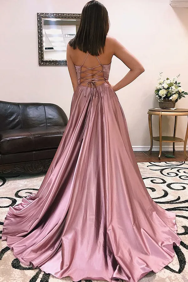 Blush A Line V Neck Cross Back Spaghetti Straps Prom Dresses with Train, SP632