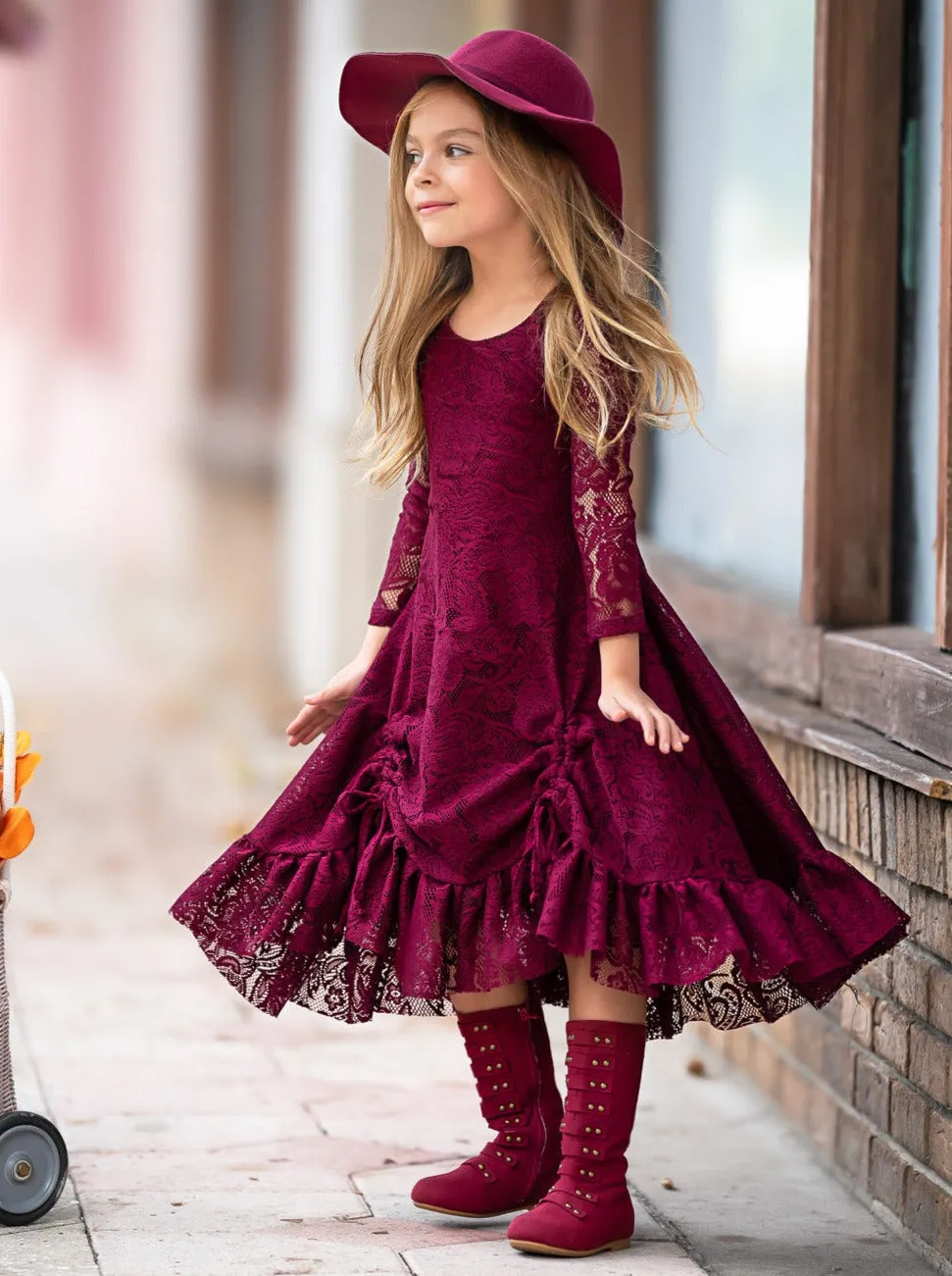 Burgundy Hi-Lo Drawstring Lace Ruffle Dress