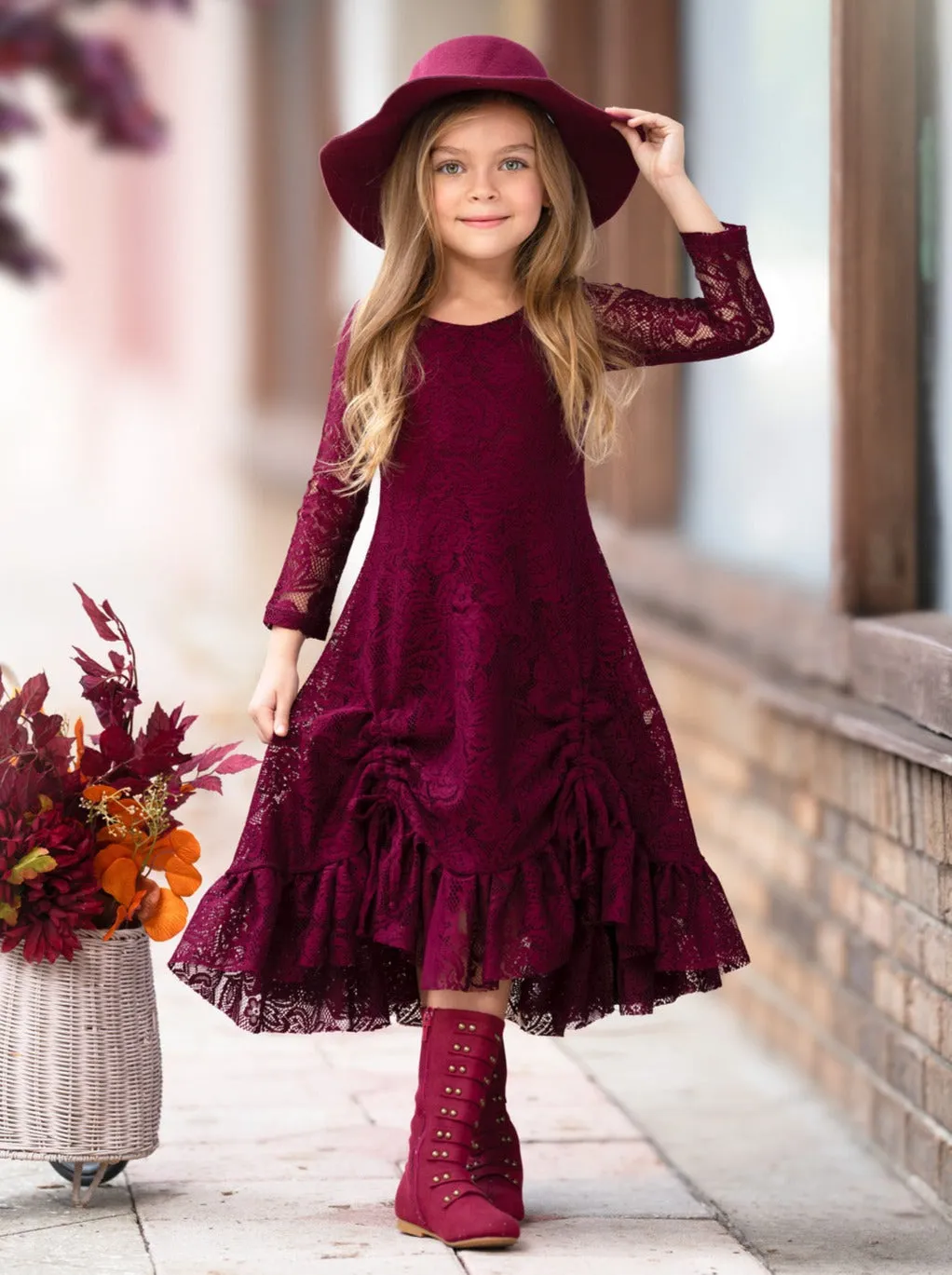 Burgundy Hi-Lo Drawstring Lace Ruffle Dress