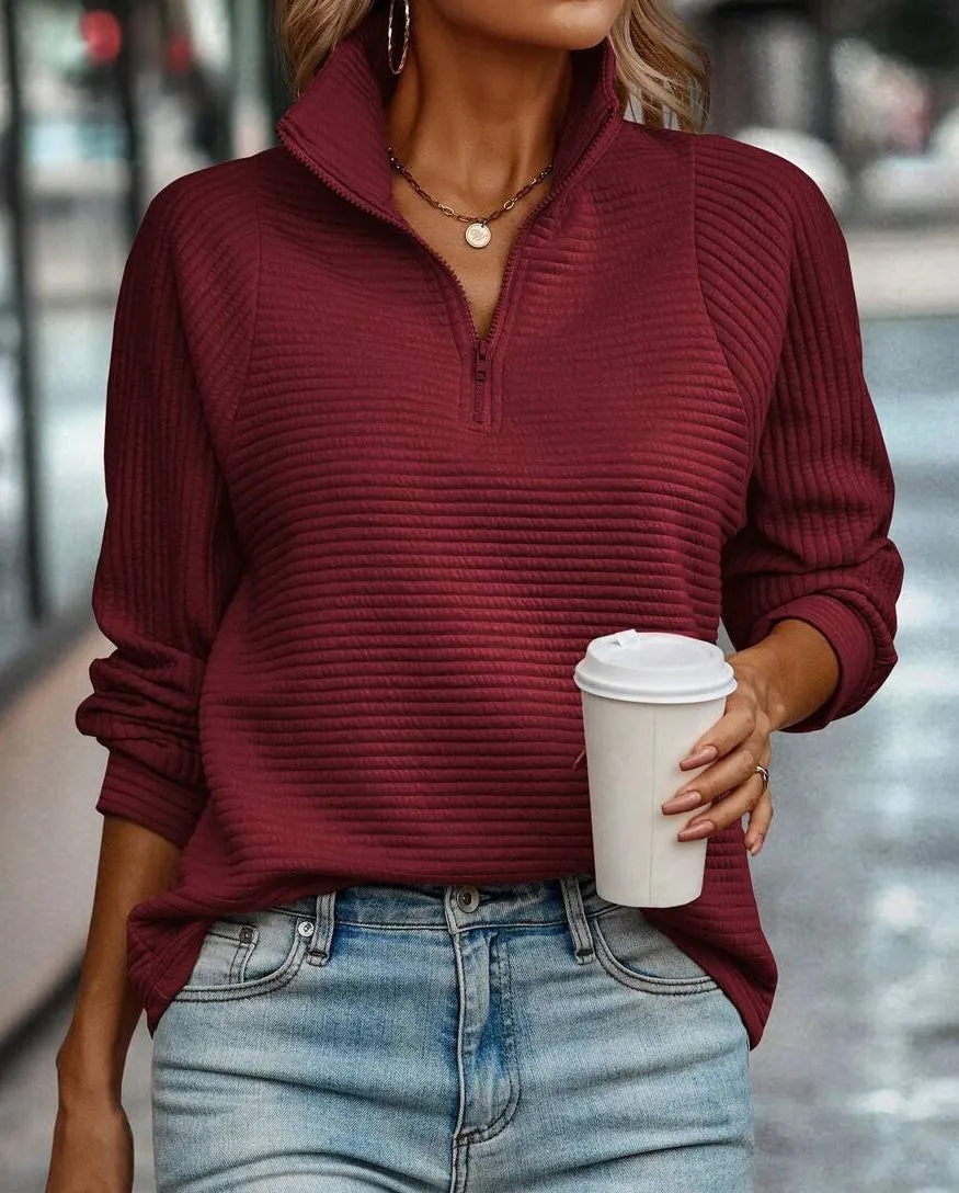 Burgundy V-Neck Long Sleeve Plain Top