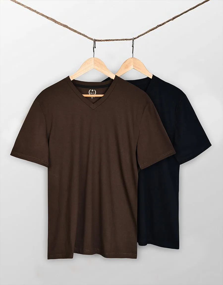 Buy 1 Get 1 Free Men Plain V-Neck Short Sleeve Tee Shirt-Chocolate-Navy