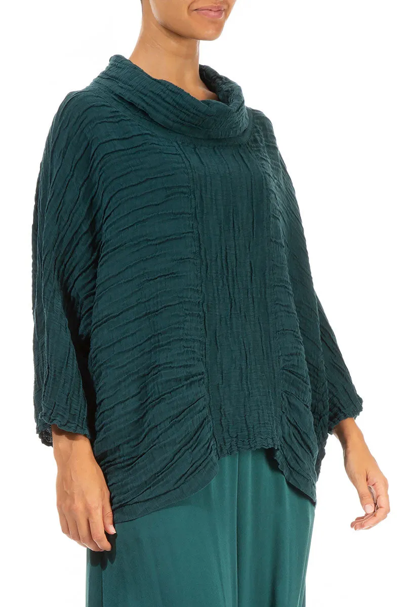 Cowl Neck Crinkled Emerald Silk Blouse