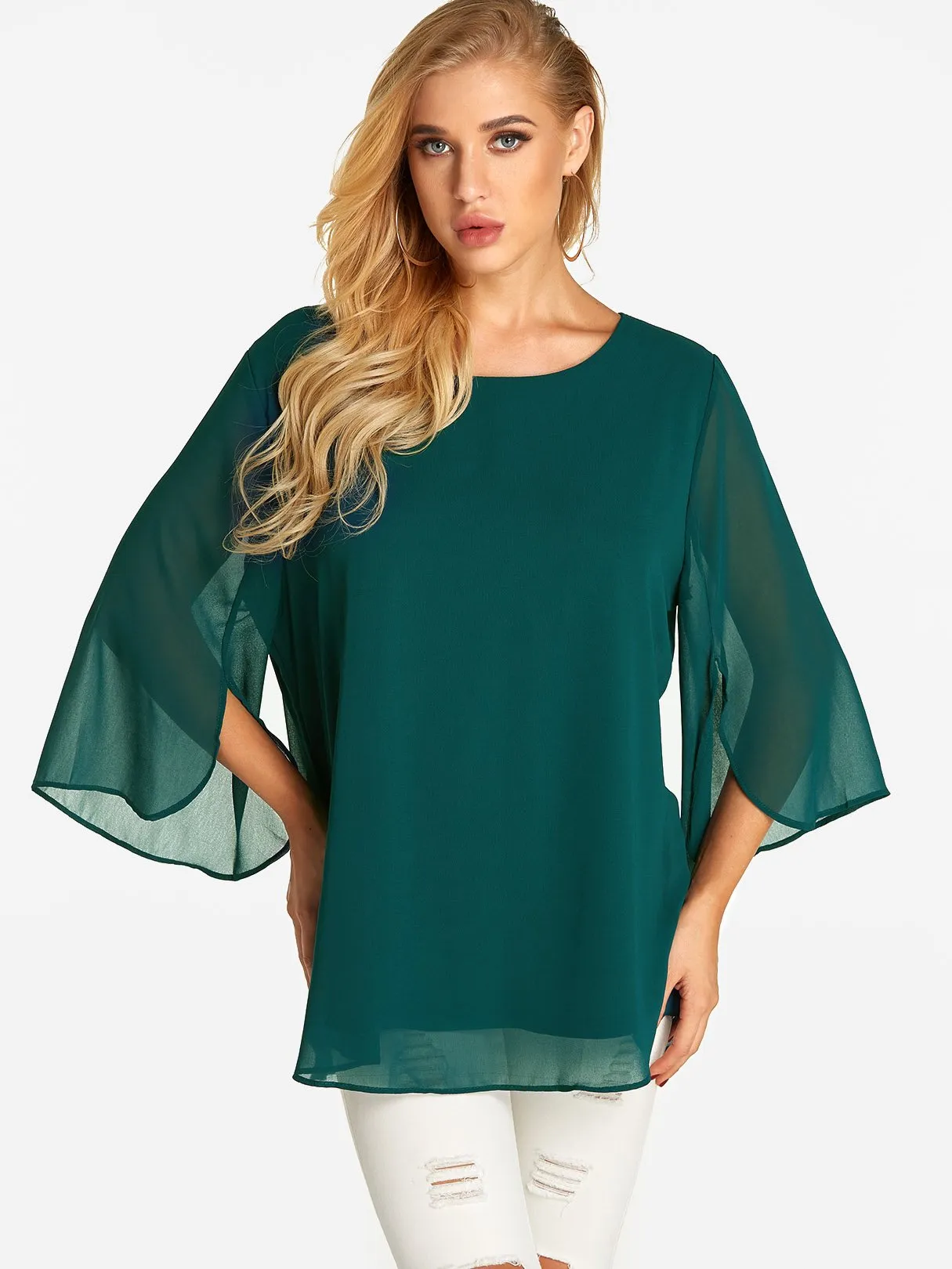 Custom Round Neck Plain Tiered 3/4 Sleeve Blouses