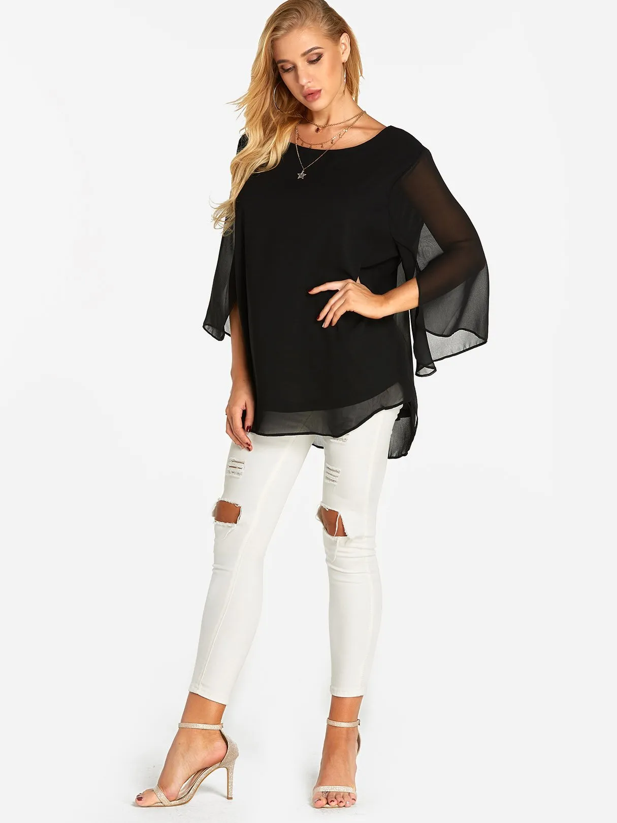 Custom Round Neck Plain Tiered 3/4 Sleeve Blouses