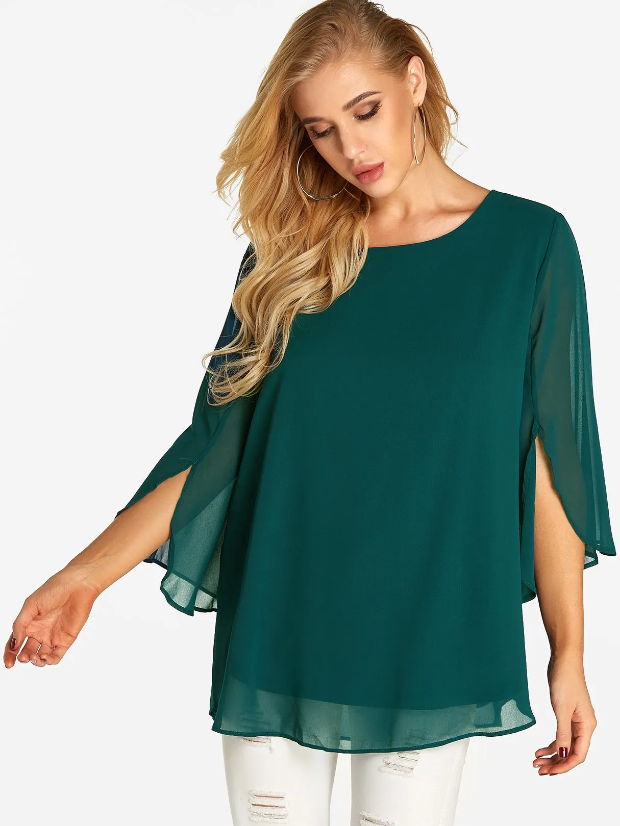 Custom Round Neck Plain Tiered 3/4 Sleeve Blouses