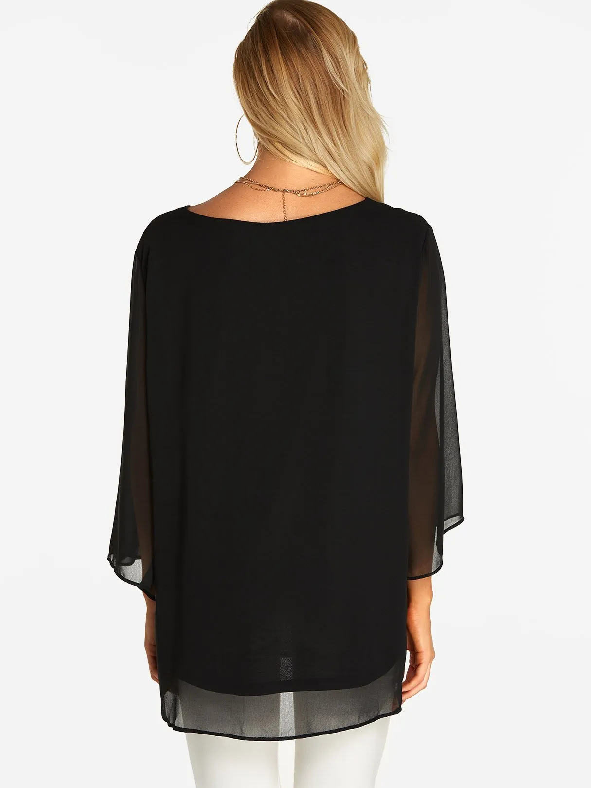 Custom Round Neck Plain Tiered 3/4 Sleeve Blouses