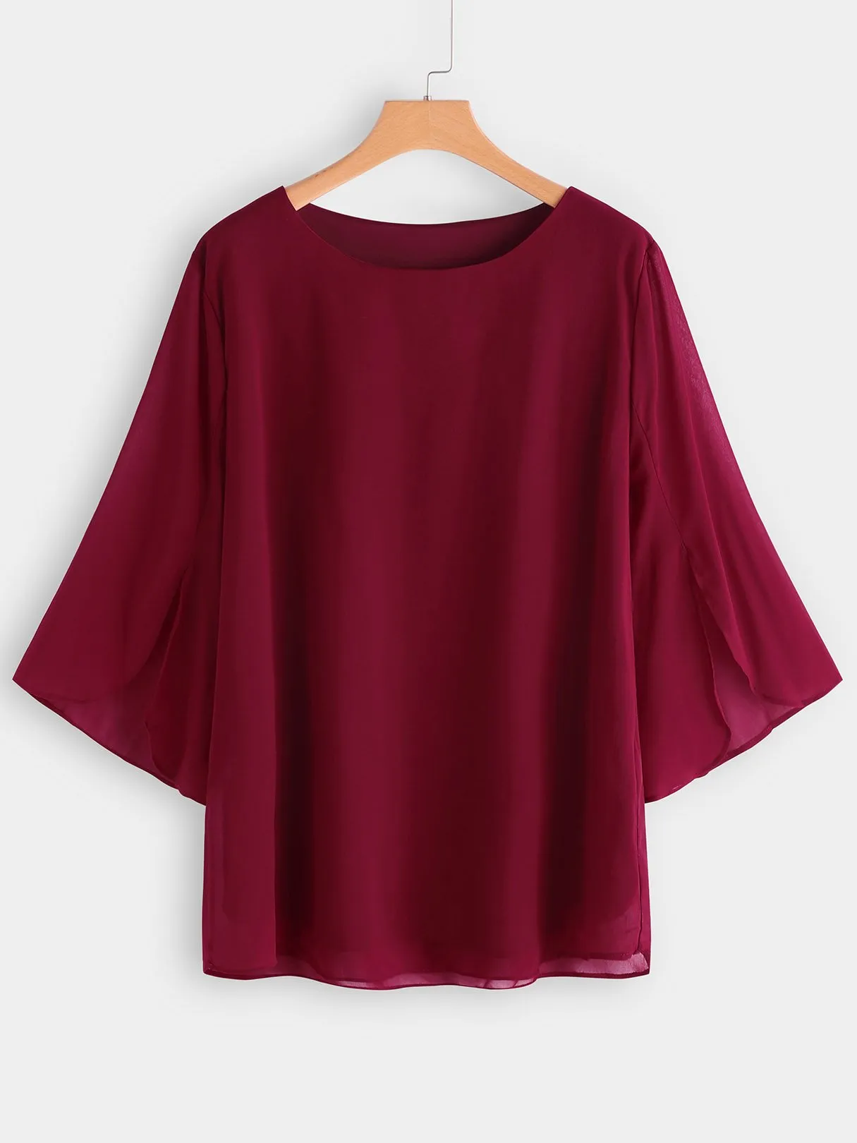 Custom Round Neck Plain Tiered 3/4 Sleeve Blouses