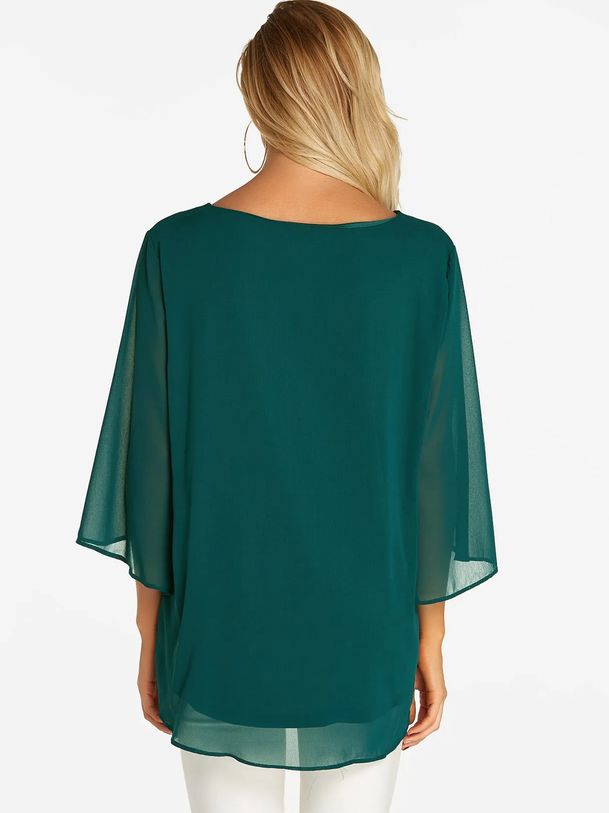 Custom Round Neck Plain Tiered 3/4 Sleeve Blouses