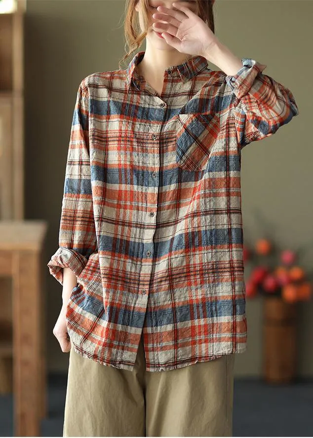 DIY Blue Plaid Blouses For Women Lapel Pockets Art Spring Tops