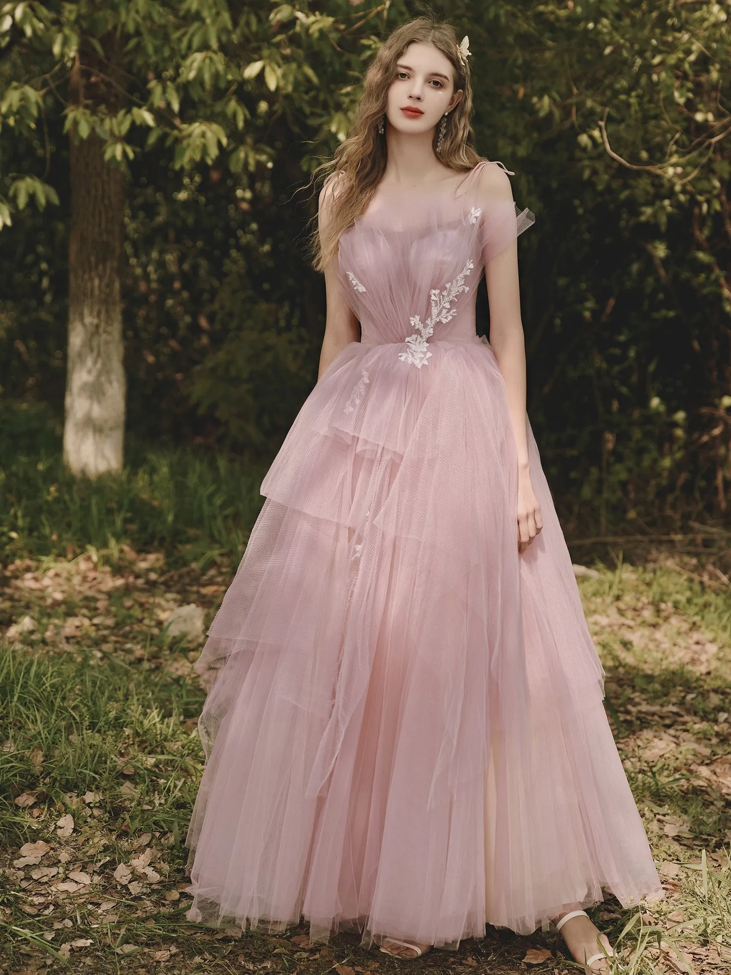 Dusty Rose Flowy Tulle Tiered Prom Dress