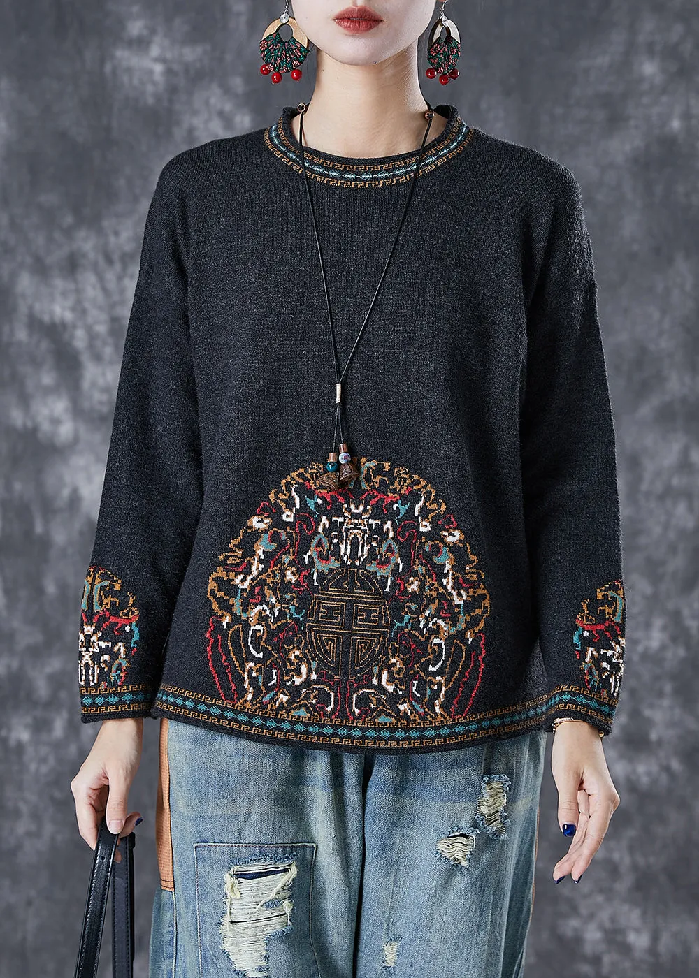 Elegant Black O-Neck Print Cotton Blouses Fall ML1766